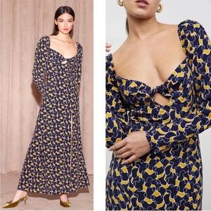 STAUD Blue and Yellow Sweetheart Ruched Puff Sleeve Maxi Dress